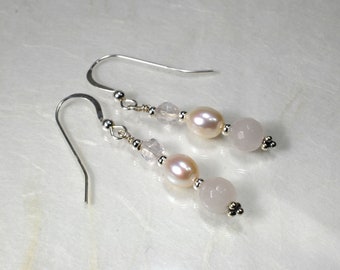 Rose quartz and freshwater pearl earrings