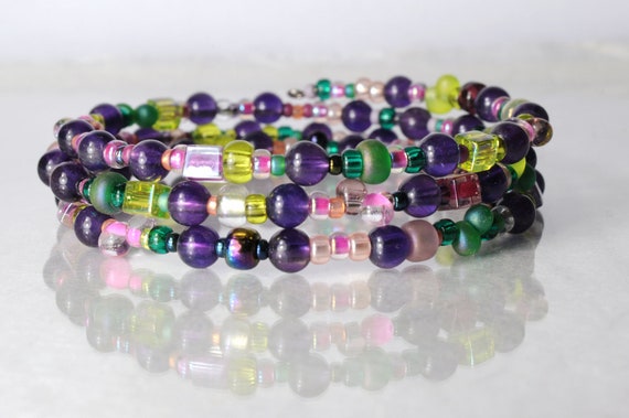 Amethyst bracelet, memory wire bracelet, bead soup bracelet, February birthstone