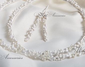 Handmade Romantic Wedding Stephana porcelain burgeon with flowers made from small pearls and crystals χειροποίητα στέφανα γάμου