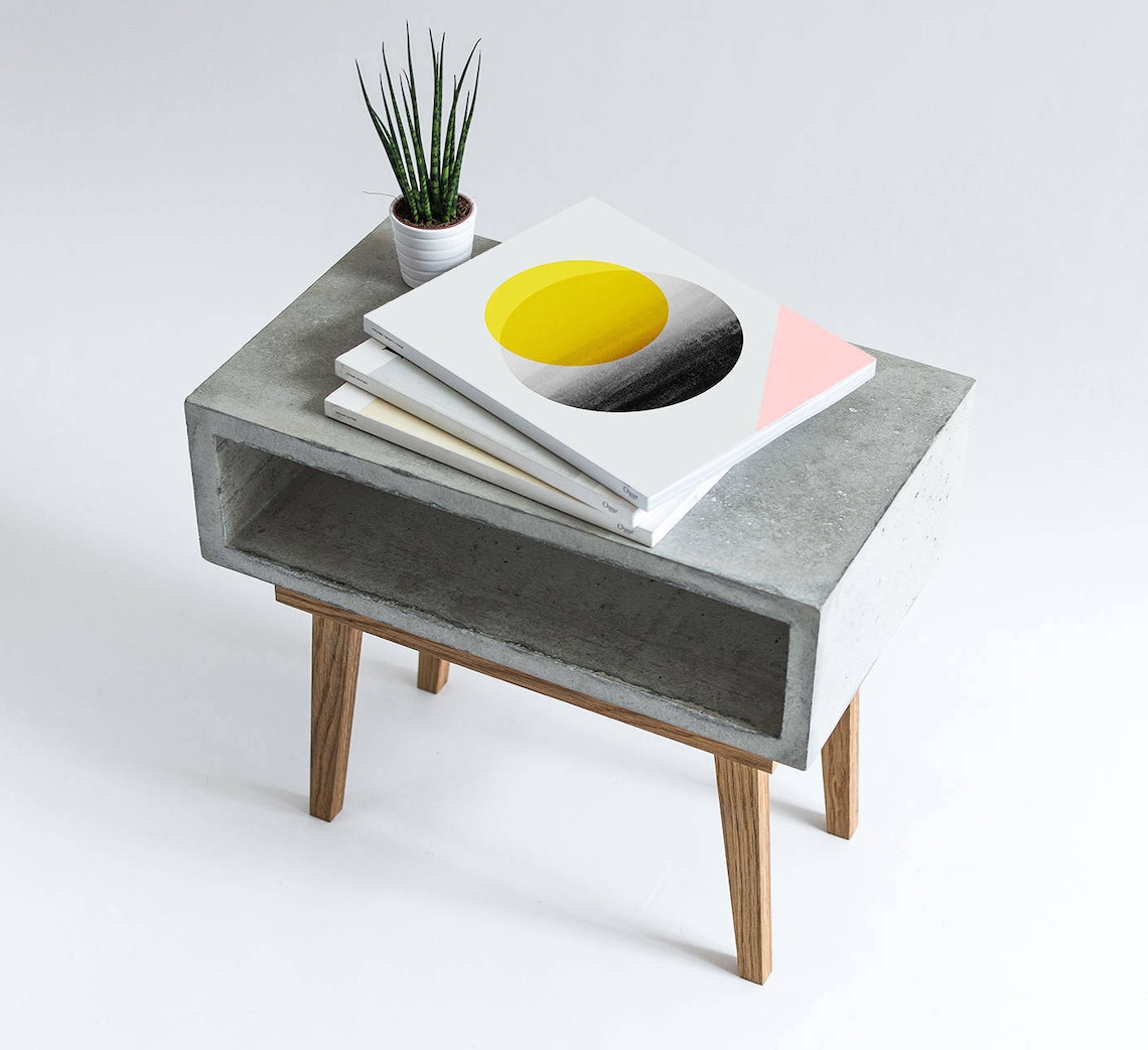 Concrete Bedside Table With Solid Oak Legs, Nightstand Organizer ...