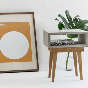 Concrete Bedside Table with Solid Oak Legs, Nightstand Organizer, Modern End Table,  Scandinavian Design Side Table