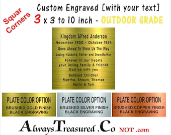 acrylic plastic 3 x 3 to 10 inches - Brass, Stainless or Copper look, Custom Engraved Indoor/Outdoor Acrylic plate .06 thick outdoor