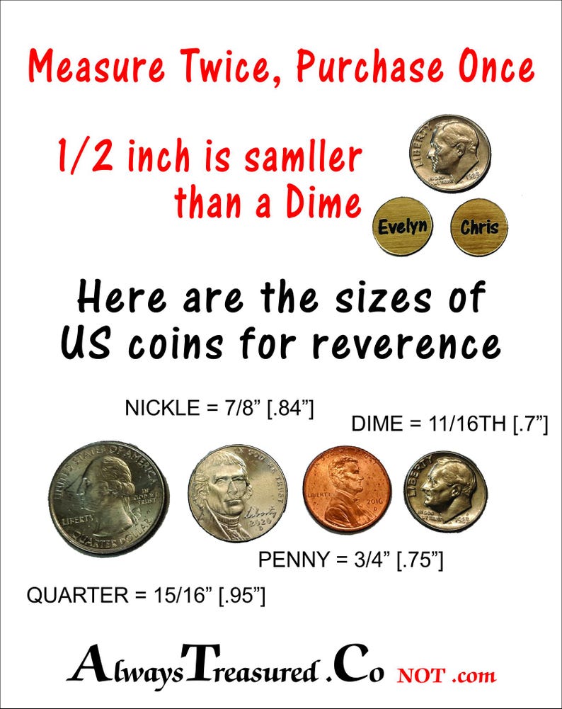 Op de afbeelding: Witte achtergrond met tekst en afbeeldingen van Amerikaanse munten. Tekst luidt "Measure Twice, Purchase Once" en "Here are the sizes of US coins for reverence." Bevat metingen in inches voor een nikkel, een dime, een penny en een quarter.
