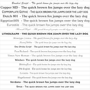 Op de afbeelding: Een verzameling tekstvoorbeelden met verschillende lettertypen. Elke regel toont de zin "The quick brown fox jumps over the lazy dog" in een ander lettertype, waaronder Arial Narrow Bold en Berlin Sans.