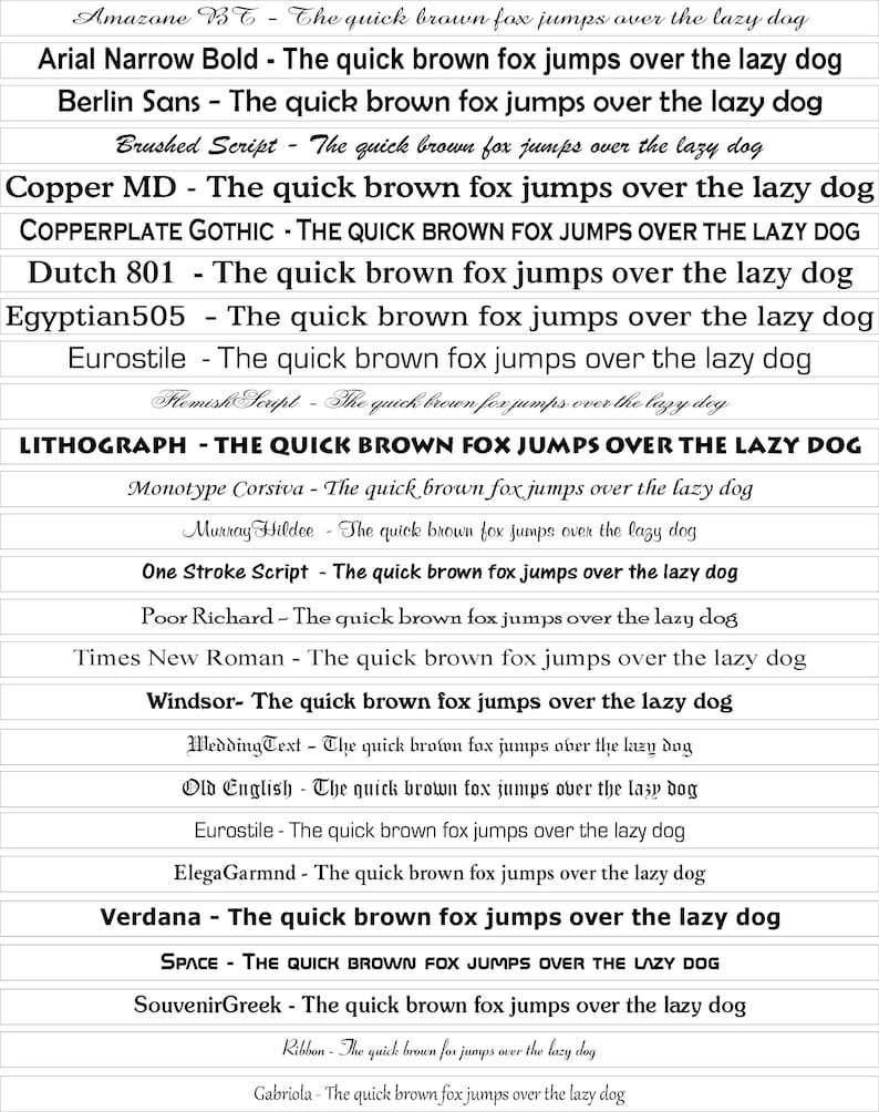 Op de afbeelding: Een verzameling tekstvoorbeelden met verschillende lettertypen. Elke regel toont de zin "The quick brown fox jumps over the lazy dog" in een ander lettertype, waaronder Arial Narrow Bold en Berlin Sans.