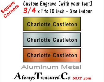 Aluminium 3/4 x 1 à 10 pouces / finition satinée dorée ou argentée de qualité intérieure gravée personnalisée - coins carrés #AM AM