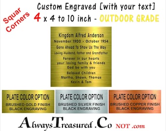 acrylic plastic 4 x 4 to 10 inches - Brass, Stainless or Copper look, Custom Engraved Indoor/Outdoor Acrylic plate .06 thick outdoor