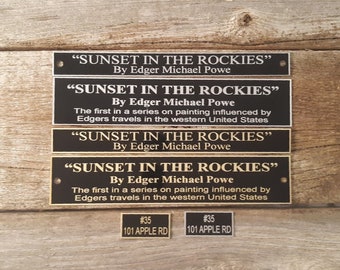 Aluminum 1-1/2 x 3 to 12 inch  INDOOR grade Gloss Black / gold or silver engraving, Personalized Engraved Plate - PlqMet-6lines@12words Inch