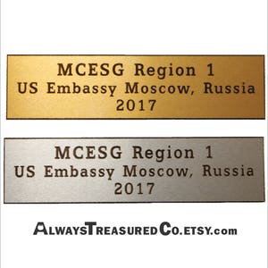Aluminum 1-1/2 x 3 -to- 12 inch INDOOR grade, gold or silver satin finish Personalized Engraved #AM52# ANOD/enBLACK -6 lines @ 12 words Inch