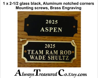 1 x 2-1/2 inch. Engraved Trophy Plate - INDOOR grade aluminum Gloss Black with Brass engraving, #466/467 - 3 lines 9 words w/screws