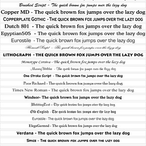 May include: A typographic reference chart displaying twenty-five distinct font styles, each featuring the phrase 'The quick brown fox jumps over the lazy dog' in black text on a white background, organized in horizontal rows with font names.