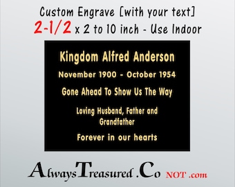 Aluminum 2-1/2 x 3 -to- 10 inch INDOOR grade Gloss Black / gold or silver engraving, Personalized Engraved Plate PlqBlk 4HS