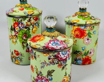 Retired MacKenzie-Childs Green Flower Market Canister Set | Enamel Floral Kitchen Storage Blue Ring