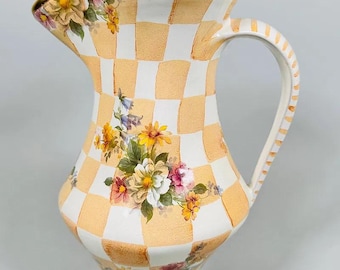 MacKenzie-Childs Orange Marmalade Large Pitcher | Hand-Painted Ceramic Gold Rim