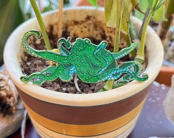 Green Glitter Octopus Cosmic Stars Soft Enamel Pin, hologram metal