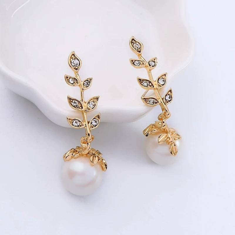 Round Pearl Crystal Leaf Earrings Long Pearl Stud Tree Branch - Etsy UK