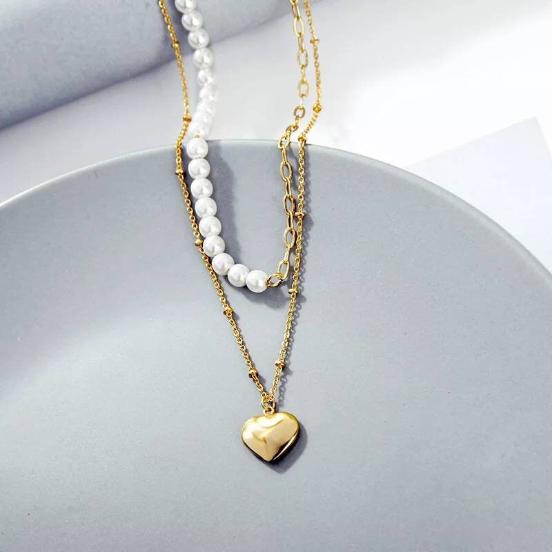 Pearl and Gold Chain Necklace Pearl Gold Heart Necklace - Etsy UK