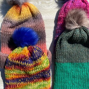 Scrappy Yarn Hats, Knit hats, knit wool hats, pom pom hats
