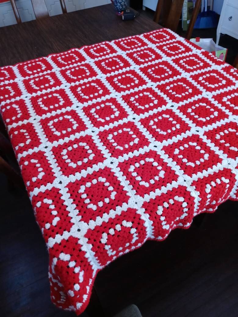 Red and White Crochet Blanket Etsy