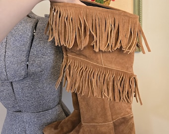 Vintage Tan Suede Fringe Thigh High Boots
