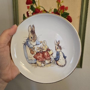 May include: A white ceramic plate with a gold rim featuring a charming illustration of Peter Rabbit and his family. The artwork depicts the rabbits in various outfits, with a basket and a blue jacket. The plate is held by a hand.