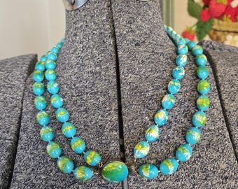 Vintage Aqua Blue Plastic Beaded Two Strand Necklace with Clasp