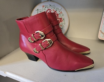 Vintage Cougar Brand Red Leather and Brass Boots