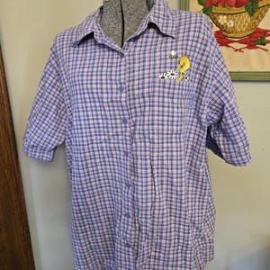 Vintage Tweety Bird Purple Plaid Cotton Button Down Shirt