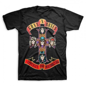 May include: Black t-shirt featuring a Guns N' Roses graphic. The design includes a cross with skull faces, the band's name in a red banner, and the phrase "Appetite for Destruction" in a red banner.