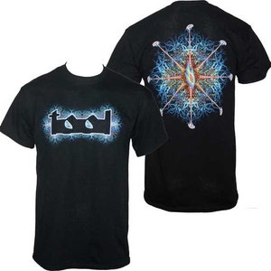 May include: Black t-shirt with a blue and white graphic of the word "TOOL" on the front and a blue and white mandala design on the back.