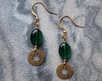 Brass Earrings, Modern Earrings, Statement Earrings, Glass Beads, Glass Earrings, Brass Dangle Earrings, Dangle Earrings, Green Earrings