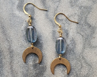 Brass Earrings, Modern Earrings, Statement Earrings, Glass Beads, Blue Earrings, Brass Dangle Earrings, Dangle Earrings, Moon Earrings