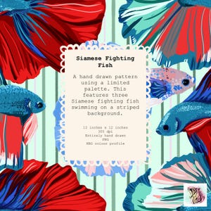 May include: A hand-drawn pattern featuring Siamese fighting fish in red, blue, and white. The artwork includes the text "Siamese Fighting Fish" and other details. The image is 30.48 cm by 30.48 cm.
