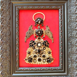 Ebony Angel, Christmas Angel, Framed Jewelry Art, Vintage Jewelry Art, Home Decor, Art Collectibles, Jewelry Art Gifts, Jewelry Art