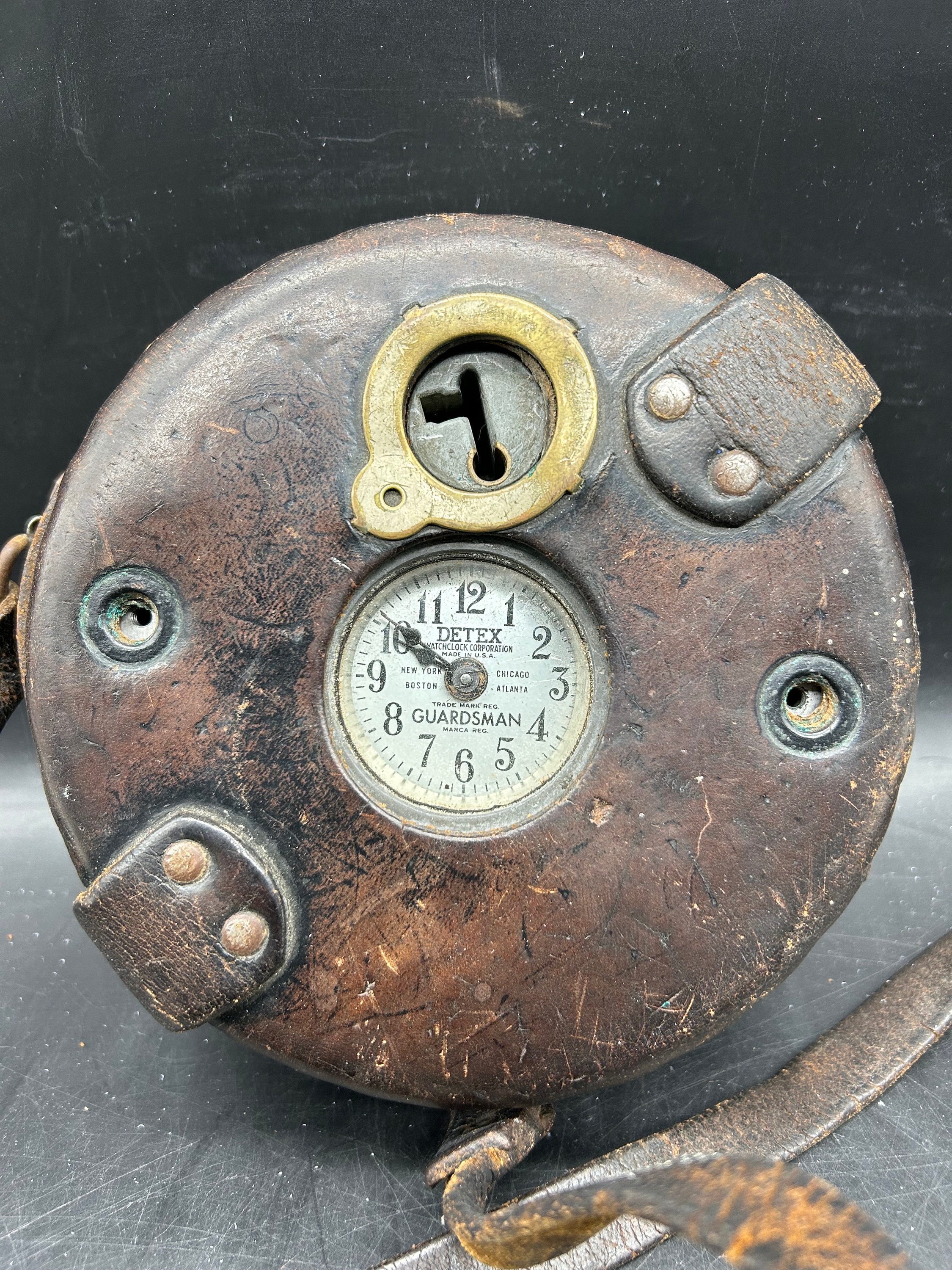 Vintage Detex Guardsman Clock With Leather Case & Key Made in USA