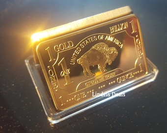 1 oz Gold Plated Buffalo Bar + Protective  Case / Buy 2 Bars Get 1 Free Bar/ READ FULL DESCRIPTION before you order. Make Great Gifts.