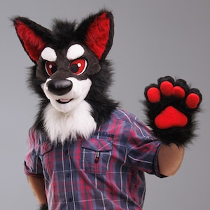 Premade or custom silver wolf husky fursuit head, hand paws and tail, fursuit head premade, canine fursuit head wolf furry mask