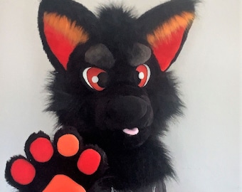 Premade wolf husky fursuit head, hand paws, tail, black red wolf fursuit partial, timber wolf mask Oneandonlycostumes