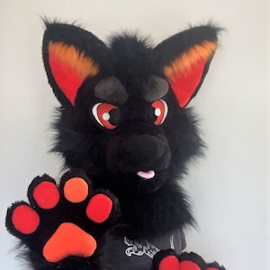 Premade wolf husky fursuit head, hand paws, tail, black red wolf fursuit partial, timber wolf mask Oneandonlycostumes