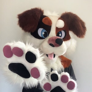 Premade or custom brown dog fursuit head, hand paws and tail, custom puppy fursuit partial, dog furry mask Oneandonlycostumes