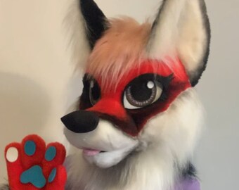 Premade red fox fursuit head and hand paws, airbrushed fox furry head, fursuit partial oneandonlycostumes