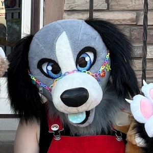 Premade or customized dog fursuit head and tail, fursuit head premade, puppy fursuit partial, gray dog furry mask Oneandonlycostumes