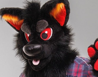 Premade Black Red Wolf Husky Fursuit Head, Hand Paws, Tail, size M/L