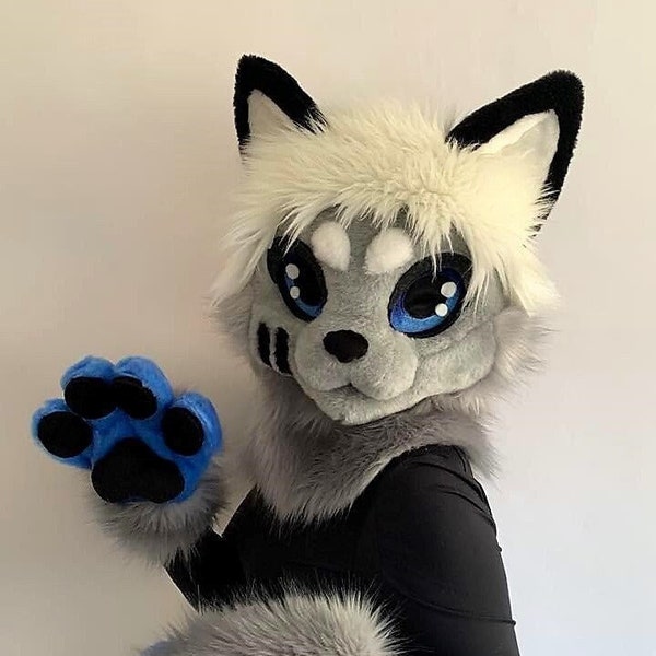 Premade cat fursuit head and hand paws, grey kemono cat fursuit partial, furry mask Oneandonlycostumes