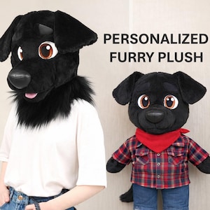 May include: A black plush dog head and a plush dog wearing a red bandana, plaid shirt, blue jeans, and grey trainers. The text "PERSONALIZED FURRY PLUSH" is displayed in white. The plush dog has brown eyes and a black nose.