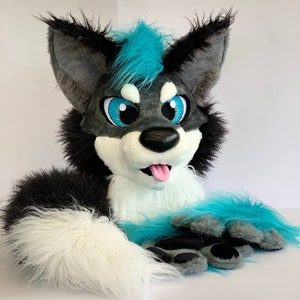 Premade wolf fursuit head hand paws tail, teal fursuit partial, furry mask oneandonlycostumes