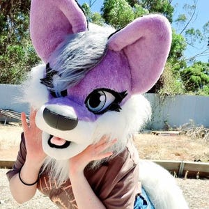 Premade or customized wolf fursuit head and tail, lavender pink furry mask Oneandonlycostumes