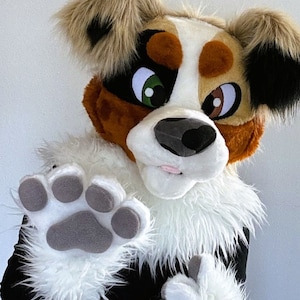 Premade dog fursuit head and hand paws, australian shepherd fursuit partial, aussie fursuit Oneandonlycostumes