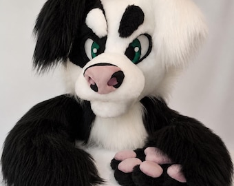 Premade Border Collie Fursuit Head, Handpaws, Tail Set, Black White Dog Costume
