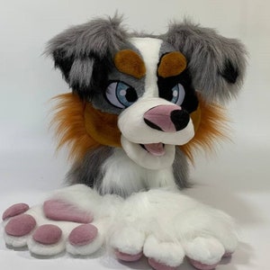 Premade dog fursuit head and hand paws, australian shepherd partial fursuit, dog furry head, grey furry aussi head Oneandonlycostumes